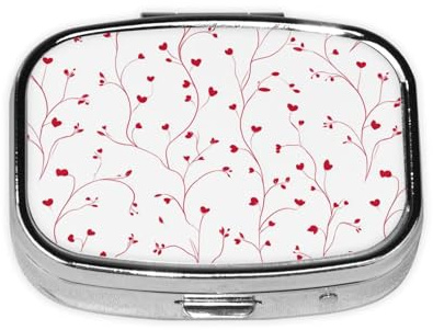 Elegant Red Vines with Heart-Shaped Leaves Pill Box Square Metal Pill Case with 2 Compartment Travel Pill Organizer for Vitamins Medication