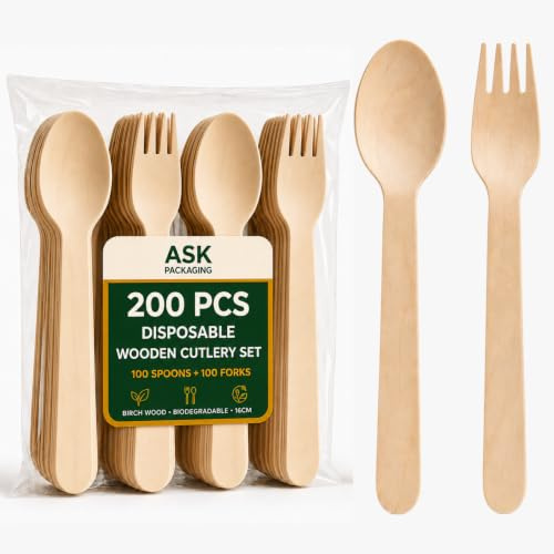 200x Wooden Cutlery (100x Spoons, 100x Forks) Birch Wood Disposable Cutlery