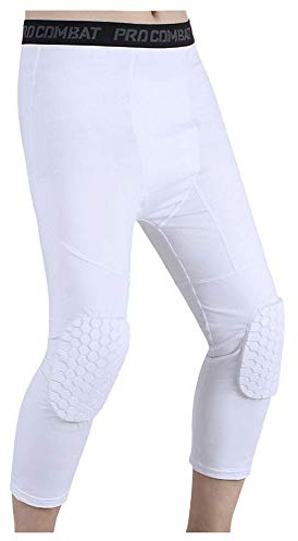 Rayauto 3/4 Capri Compression Training Pants with Honeycomb Knee Pad,Basketball Protector Gear for Adult Youth (White,L)