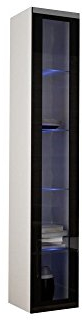 Hängevitrine Vigo Vitrine Vitrinenschrank Hängeschrank Wandvitrine Wandschrank mit 1 Tür Schrank Wohnzimmerschrank Grifflose, Push to open (Weiß/Schwarz Hochglanz, Mit Blauer LED Beleuchtung)