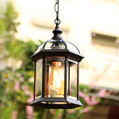 Mengjay Suspension Extérieure Classique Ancien en Métal Abat-jour en Verre Transparent Plafonnier Lustre Luminaire pour Jardin Patio Pavillon,étanche Eclairage de Plafond