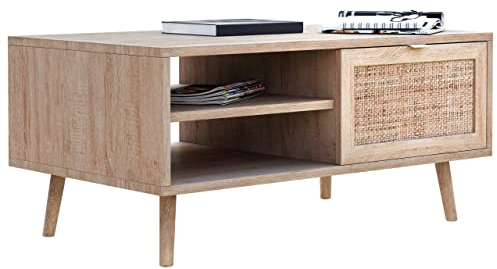 Newfurn Couchtisch Sonoma Eiche Rattan Optik Wohnzimmertisch Modern Skandinavisch - 100x46x60 cm (BxHxT) - Landhausstil Sofatisch Tisch Boho - Wohnzimmer