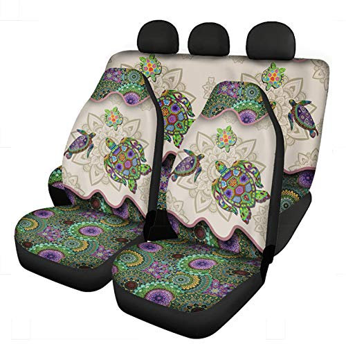 Belidome Autositzbezüge-Set im Boho-Stil mit Tribal-Schildkröte, Boho-Mandala-Stil, dehnbar, weich, Auto-Zubehör, Dekorschutz, universell, grün
