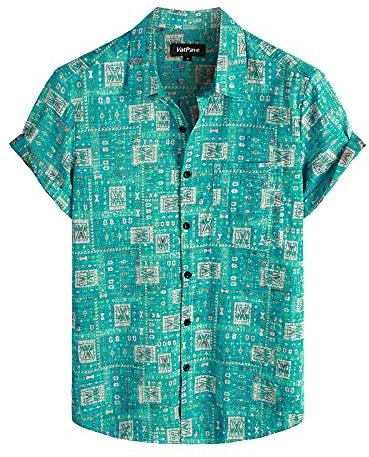 VATPAVE Mens Front Pocket Hawaiian Flower Shirts Casual Short Sleeve Button Down Beach Shirts Large Light Blue Aloha