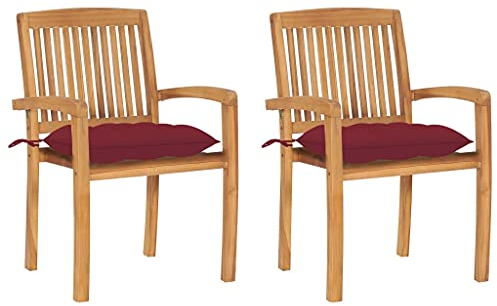 vidaXL 2X Teak Massiv Gartenstuhl mit Weinroten Kissen Stapelbar Stapelstuhl Holzstuhl Gartensessel Stapelsessel Gartenmöbel Stuhl Terrassenstuhl