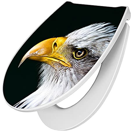 banjado Premium Toilettendeckel mit Absenkautomatik 45x38,4cm / WC Brille Soft Close/hygienischer Toilettendeckel/Klodeckel Duroplast mit Edelstahl Scharnier/Motiv Weißkopfseeadler