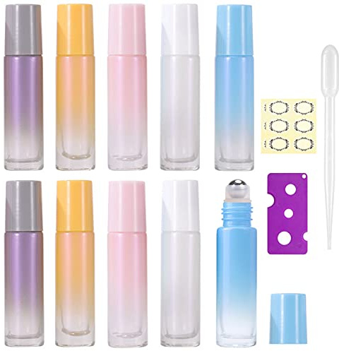 Yalbdopo 10Pcs, 10Ml Empty Essential Oils Roller Bottles Colorful Glass Roll Bottle with Stainless Steel Rollerball for Essential Oils/Aromatherapy/Fragrance (Included 12 Label/Opener/Dropper)