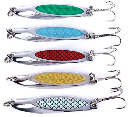 CENPEK 5pcs Wedge Fishing Sea Trout Lures Metal Slice Spoon Treble Hooks Mackerel sequins spinner Hard Baits Casting Blade Tackle