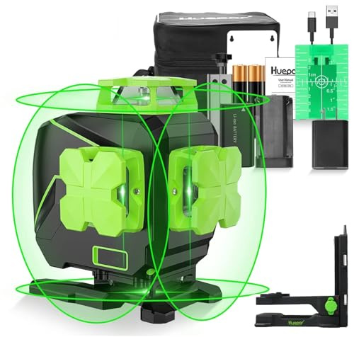 Livella laser, Huepar 4 x 360 Strumento laser a raggio verde autolivellante, linee verticali e orizzontali, batteria agli ioni di litio e base girevole magnetica S04CG-L