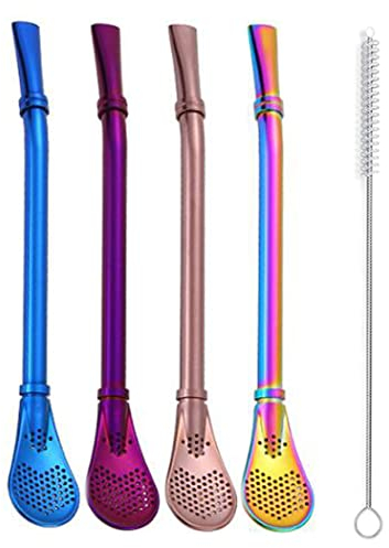 Hoshen Yerba Mate Bombilla Cuillère de paille parfumée en acier inoxydable avec filtre à thé 4 couleurs, 1 brosse de nettoyage, multicolore (arc-en-ciel/bleu/or rose/violet)