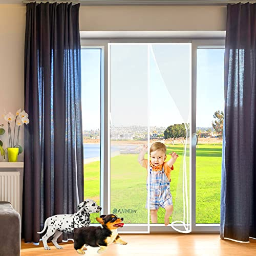 Magnetic Screen Door, 170 x 200 cm Fly Screen Door with Heavy Duty Mesh Curtain, Anti-Tearing Reinforced Top, Full Frame Hook&Loop, Hands Free, Pet and Kid Friendly White