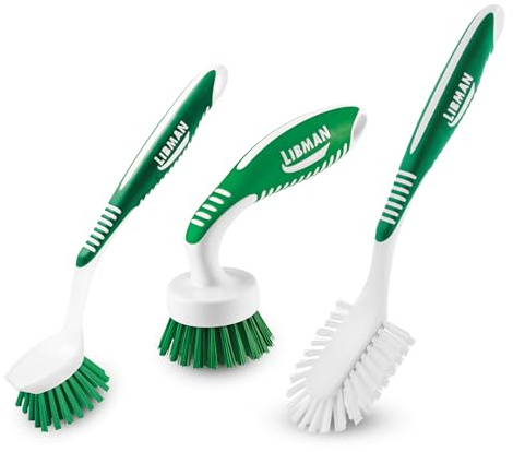 Libman Green & White Cleaning Brush Kit, 3-Piece Set, All-Purpose Brushes for Kitchen, Basins, Sinks, Dishwashers