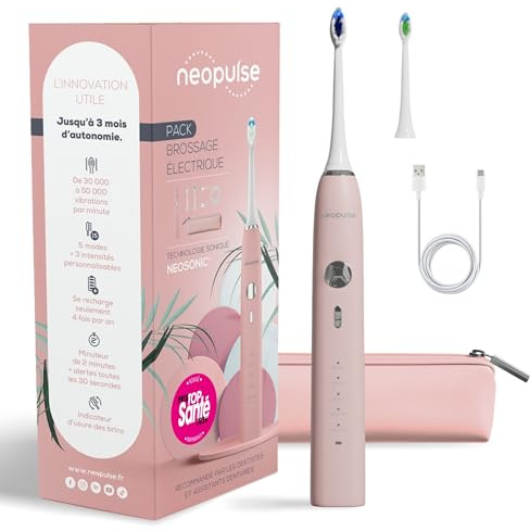 NEOPULSE NEOSONIC® Cepillo de Dientes Eléctrico - 3 Meses de Autonomía | Autonomía 3 meses - 5 modos x 3 intensidades - Temporizador 2 min, aviso cambio/30s - USB-C - 2 cabezales incluidos