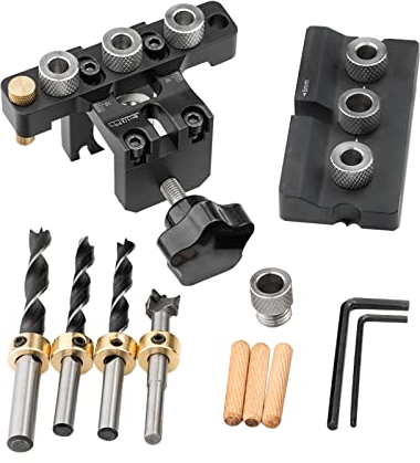 3 in 1 Woodworking Drilling Jig Dowelling Jig Kit, 8/10/15mm Pin Fixture Puncher Locator Dowel Drill Guide Kit with 4 Drill Bits