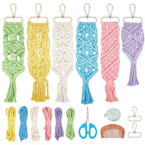 INFUNLY 6 Set Makramee Schlüsselanhänger Kit DIY Mini Boho Schlüsselanhänger Kits Taschenanhänger Makramee Schlüsselanhänger Armband Mit Quasten Für Autoschlüssel Geldbörse Anleitung Enthalten