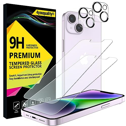 4youquality 4-in-1 for iPhone 14 Screen & Camera Lens Protector | 2+2 Pack, Tempered Glass, 9H Hardness, Impact-Resistant, Anti-Scratch, Anti-Shatter, Shatterproof, Ultra-Transparent