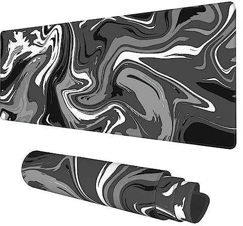 Tapis de souris de jeu avec base antidérapante et bords cousus, motif vagues liquides, noir, blanc, 80 x 30 cm, long tapis de souris pour clavier d'ordinateur pour la maison, le bureau, le travail