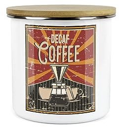 Purely Home Retro 1950s Style Decaf Coffee Canister - White Metal Enamel Kitchen Medium Sized Food Storage Container