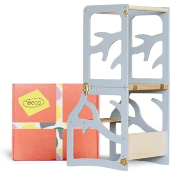 Weco Montessori Kinder Lernturm 2 in 1 Baum Design Tritthocker FSC Zertifikat Schreibtisch Montessori Möbel Küchenhelfer klappbar Stylisch Lernturm (Grau)