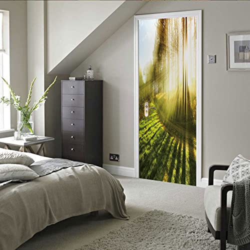 stickers paroi de douche 50x125cm(19.68 inches * 49.21 inches) Soleil Jungle 3D Sticker de Porte Trompe l'Oeil Effect Auto-Adhésif Amovible Autocollant pour Décor Cuisine Chambre Salle de Bain Mur