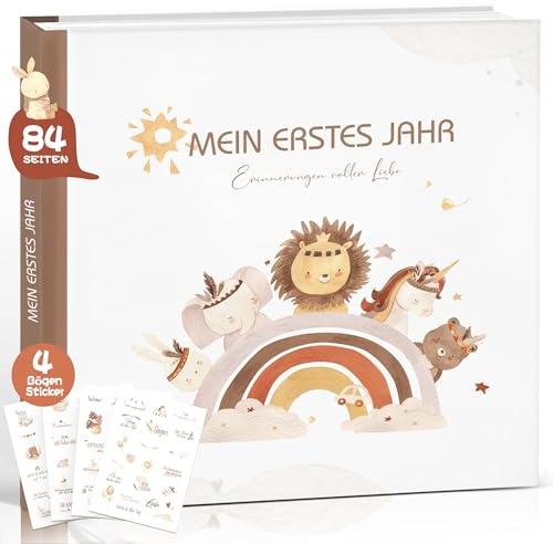 Babyalbum erstes Jahr – Erinnerungsbuch zum Ausfüllen mit Stickern, liebevoll gestaltet für unvergessliche Momente, Geschenk zur Geburt, Babyparty & Baby Shower
