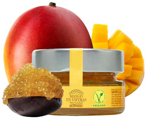BESPHERE Perles de Mangue 50 g – Caviar Végétal de Sphères de Fruits Tropicaux pour Cocktails, Desserts, Sushis et Plateaux de Fromages – Vegan, Sans Gluten, Résistant à la Chaleur