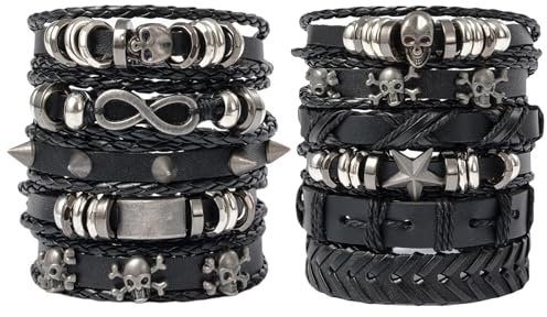 BDSHUNBF 2 Piezas Pulseras de Cuero, Pulseras Hombre, Punk, Tejida Pulsera de Traje de Cuero Multicapa, Ajustable para Hombres Mujeres