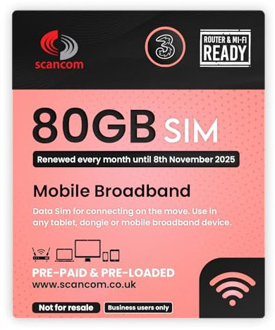 Three 80GB Data SIM - Uncapped 5G - Preloaded MONTHLY Until November 2025 - Plug & Play for Routers & Phones - Access to Three & Vodafone - Connects to the Strongest Signal available