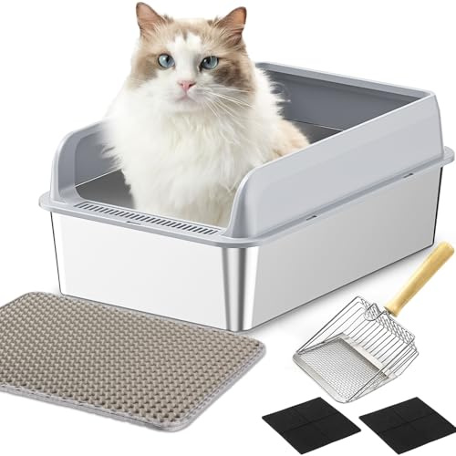 LADYSONS Lettiera per Gatti in Acciaio Inox, Grande, A Prova di Perdite, Facile da Pulire, Con Paletta e Tappetino, 50 x 35 x 20 cm