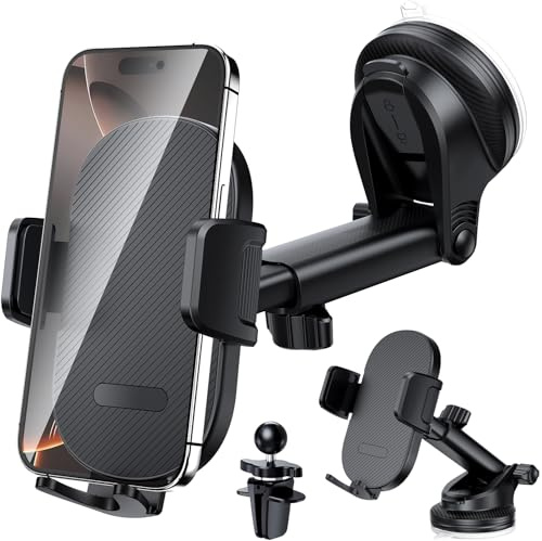 Vexloria Car Phone Holder, [Ultra Powerful Suction] Car Phone Mount, Universal Phone Holder for Dashboard & Air Vent and Windshield Suitable for All Smartphones-Black Pro