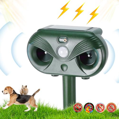 Viitech Répulsif à ultrasons pour chat - Étanche - 4 modes - Répulsif à ultrasons solaire avec détecteur de mouvement - Lumière clignotante pour jardin, chats, chiens, oiseaux, renards