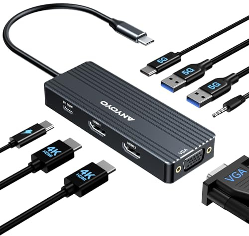 ANYOYO USB C Docking Station Dual HDMI 4K@60HZ, 8 in 1 Docking Station 3 Monitors Dual 4K60HZ HDMI and 1080P VGA, 5Gbps, PD 100W, Laptop Dock Station for MacBook,Dell XPS,HP, Lenovo (Black Titanium)