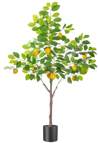 Limonero artificial de 4 pies de alto, árbol de limón sintético de 4 pies (48 pulgadas), plantas artificiales con tronco realista y hojas y frutas realistas para decoración del hogar y la oficina