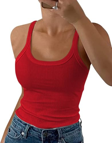 DUOEASE Canotta Donna Estiva 2025 Girocollo Spaghetti Top Donna Elasticità T Shirt Donna Senza Maniche Rosso-S