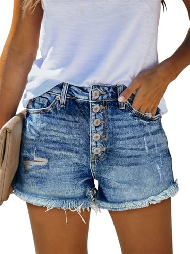 ZOLUCKY Women High Rise Ripped Stretchy Jeans Shorts with Pocket Cut Off Casual Denim Shorts Womens Blue L