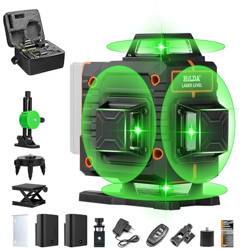 Niveau Laser Autonivelant Vert 4 x 360°, Niveau Laser 4D 16, Niveau Laser Rotatif Autonivelant, Faisceau Horizontal et Vertical Laser, IP54 Antipoussière, Etanche, 2 Batteries Rechargeables de 2600mA