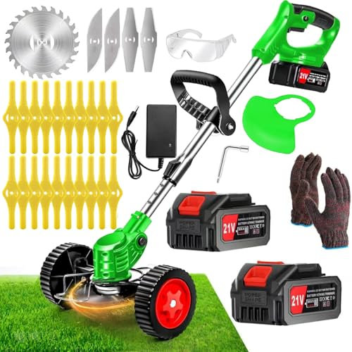 Débroussailleuse Electrique sans Fil 21V 4000Ah Coupe Bordure avec 2 Batterie et Chargeur Taille Bordure avec Roues & 3 Types De Lames,Légère à Faible Bruit pour La Coupe De Jardin, Pelouses Arbustes