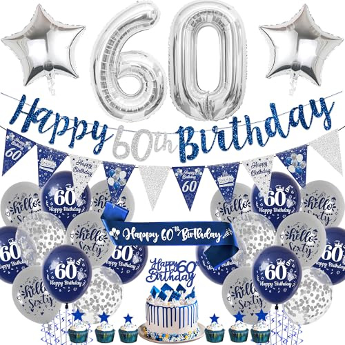 Aurmonigo 60th Birthday Decorations Men - Blue and Silver Happy Birthday Banner Balloons Cake Topper Number 60 Foil Balloon, Sash Bunting Party Supplies for 60 Years Old Theme Decor