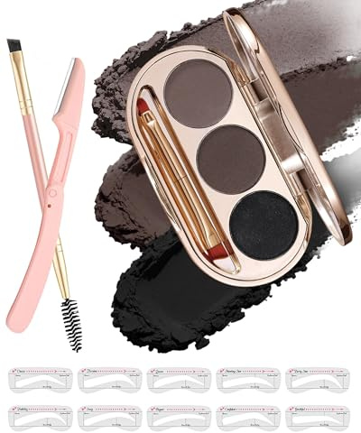 SUMEITANG Waterproof Eyebrow Powder Kit - 3 Colors Long-Lasting Brow Powder Palette with Brush Razor & Stencil, Natural Tinting Powder for Women Sparse Brows | #03 Medium Brown, Dark Brown, Black