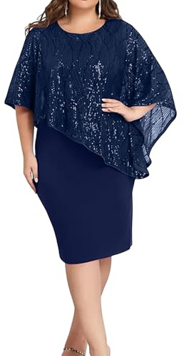 LapaPlus Übergröße Damen Pailletten Abend Cocktailkleid Bodycon Midikleid – 2025 Frauen glitzerndes Ballkleid halbe Ärmel,Marineblau