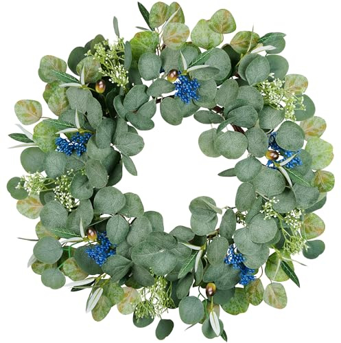 COLORSPEC Eucalyptus Wreath for Front Door, 46 cm/18 inch Artificial Summer Door Wreaths Outdoor All Year Spring Summer Door Wreath with Olives and Berries for Farmhouse Window Wall Fireplace