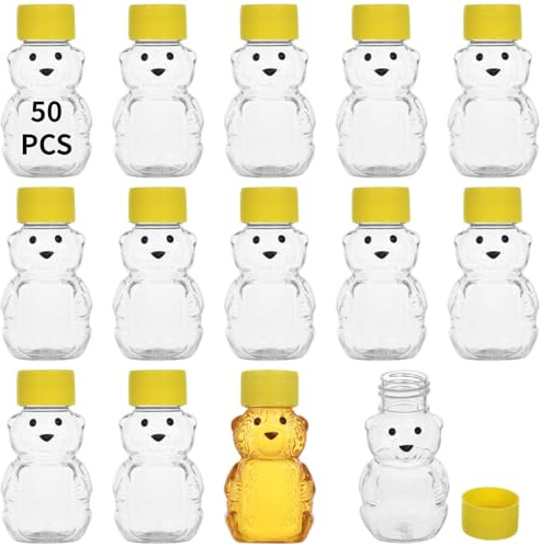 Confezione da 50 mini barattoli a forma di orsetto di miele, bottiglie in plastica trasparente da 56,7 g con coperchi ermetici, contenitori riutilizzabili a forma di orso per eventi, bomboniere e