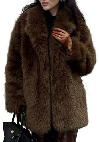 COZYPOIN Womens Faux Fur Coats Warm Mid Long Furry Jackets Long Sleeve Lapel Winter Fluffy Outerwear Shaggy Parka Coat(Brown-S)