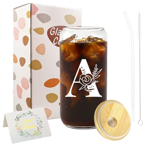 A-Z Initial Personalised Gifts for Women, Birthday Coffee Glass Cups Gifts Set, 16oz Iced Coffee Glass Cup with Lids and Straws, Iced Coffees Cup for Women, Mum, Teachers, Friends, Best Friend (A)