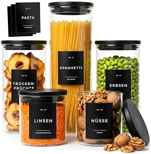 EDELHAUS Vorratsgläser mit Deckel 5er Set Schwarz, luftdicht | Luftdicht & stapelbar für die Speisekammer – Vorratsdosen Glas mit Deckel für Mehl, Zucker, Müsli und Nudeln