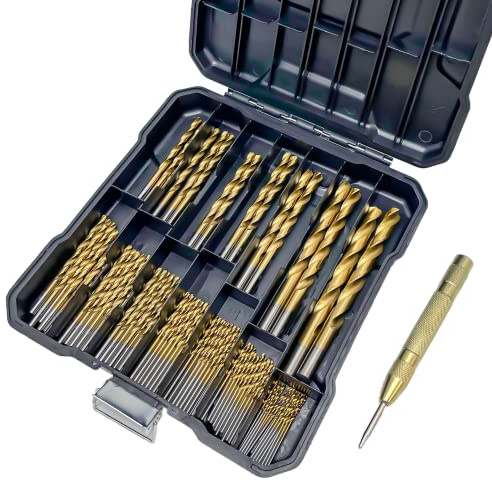 Drill Bit Set, 99-Piece Metal Drill Bits, High Speed Steel Titanium HSS Twist Drill Bits Set with Storage Case & Center Punch for Wood/Steel/Aluminum/Plastic/Fiberglass Size, 1/16 to 3/8 Inch
