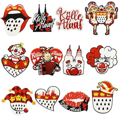 ZenithBurst 12 Stk Karneval Rot Weiß Bügelflicken – Kölle Alaaf Aufbügelflicken, Clown & Dom Motive,kölsche Karnevalskostüme Accessoires