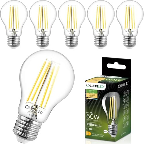 Lumiled LED Leuchtmittel E27 A60 7W ersetzt 60W 810lm 3000K Warmweiß 230V 360° Abstrahlwinkel Filamentstil Klar Transparent Nicht Dimmbar Classic Tropfenform Lichtquelle Energiesparlampe 6er Pack