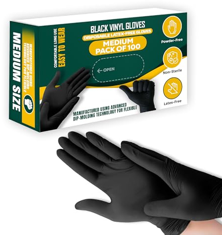 TB1 Products Black Vinyl Disposable Gloves Medium | 100 Pack | Latex-Free & Powder-Free Gloves for Cooking, Cleaning, Salon, Tattoo & Professional Use
