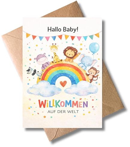 WBdesignz Babykarte „Hallo Baby!“ mit Umschlag - Süße Geburtskarte mit Regenbogen, Tieren & Herz - Willkommen auf der Welt Karte für Babies, Neugeborene, Mädchen, Jungen, werdende Eltern (DIN A6)